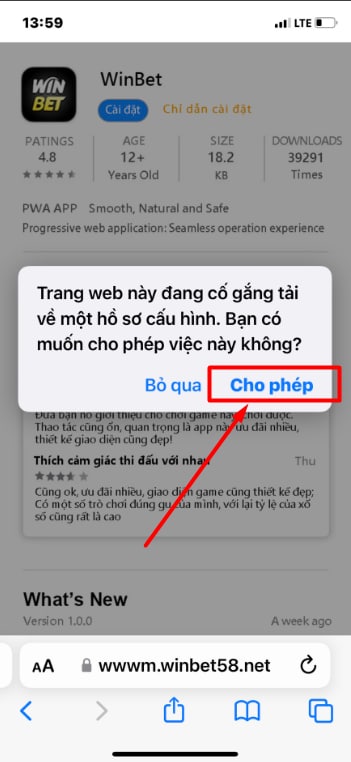 Cho phép tải về App Winbet trên Iphone