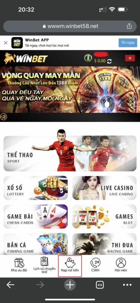 Đăng nhập vào tài khoản Winbet casino chọn mục Rút tiền